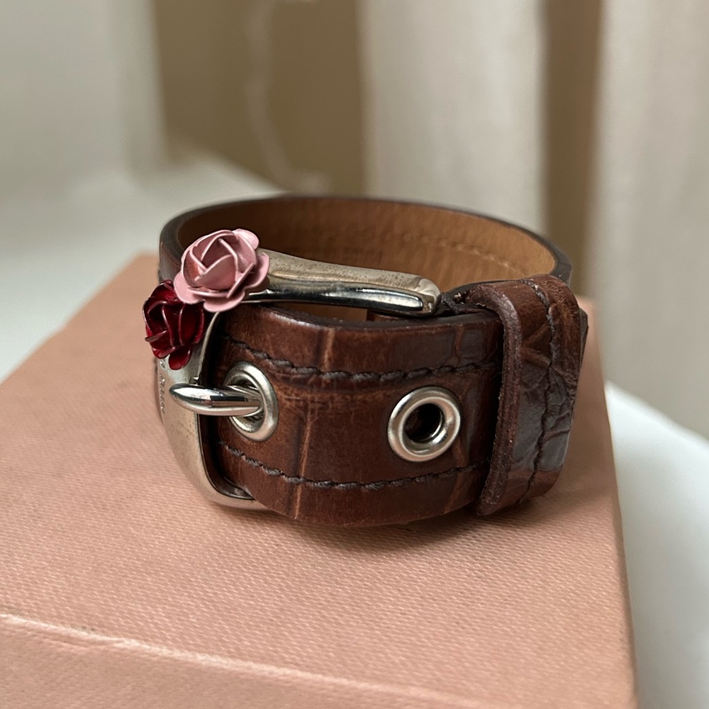Miu Miu Brown Leather Bracelet with Pink Floral Detail and silver buckle